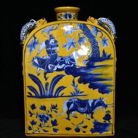 元黄地青花萧何月下追韩信纹扁瓶，高40.3cm直径29cm