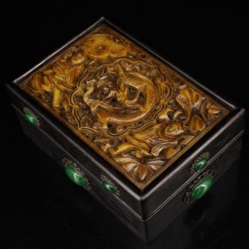 旧藏老纯手工打造黑檀木镶嵌老玉宝石盒子 重735克 高7.5厘米 宽18厘米
