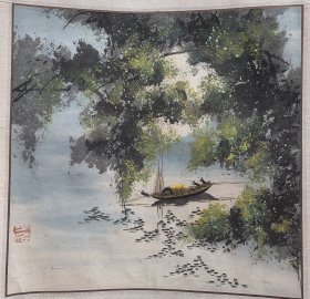 80年代精品小写意设色国画斗方原作，装裱很精，暂取名小船，必为名家之作，有一枚印章，款不识， 有知者速前往辨之，为漏也