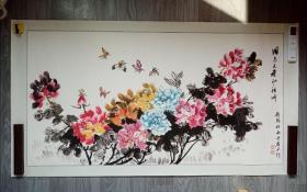 汉口百岁老画家任德昭国画精品“蝶恋花”牡丹图，镜心原裱八平尺，品好包快递发货。