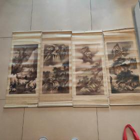 张洪千《四条屏山水画》印刷品，1985年4月，天津杨柳青画社出品