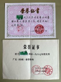 荣誉证书（1988年/1张、2000年/1张）两张合售【可单选】