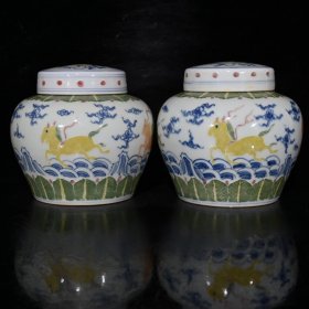 大明成化五彩釉下彩骏马纹天字罐（12.5×13.5cm）