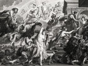 【鲁本斯】1846年铜版画№14《亨利升为天神，女王摄政》(L'Apothéose de Henri IV et la Régence de la Reine.)--出自保罗·鲁本斯（Paul Rubens)“玛丽・德・美第奇”系列作品集-雕刻家(Duthé)-特厚画纸51.5*33.8cm(画面36.8*20.5)，8品