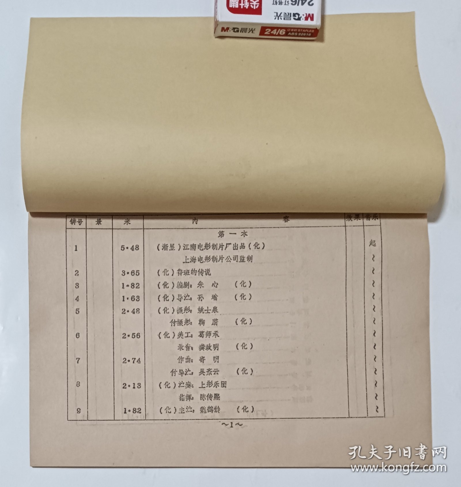 电影台本 《鲁班的传说》完成台本 上海电影局江南电影制片厂1959年摄制 编剧朱心 导演孙瑜 主演魏鹤龄