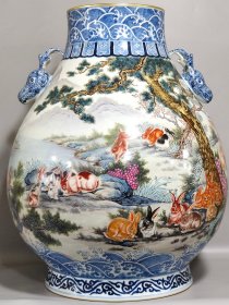 清代乾隆青花粉彩百兔鹿头尊