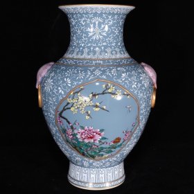 清乾隆青釉粉彩花鸟纹兽耳瓶，34×21 cm，