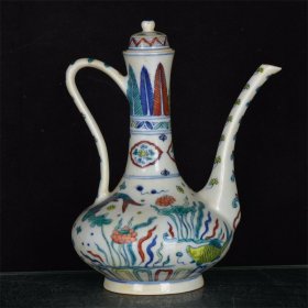 收藏大明成化年制斗彩鱼藻纹壶 规格：22x18x13厘米