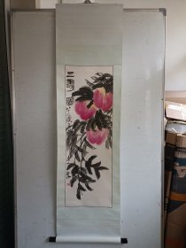 八九十年代，书画大师齐白石作品一副，天津杨柳青画社印刷，立轴旧裱，整体尺寸162x43厘米