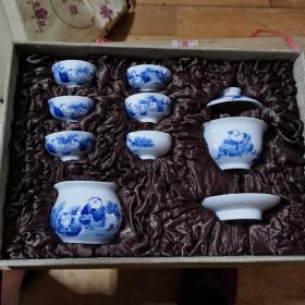 手工精品景德镇蓝花瓷茶具（李美玲教授作品，8件套木套盒装）