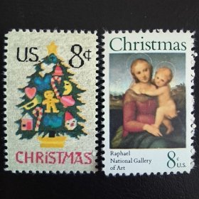 USAn美国邮票 1973年 圣诞节 针绣 圣诞树 油画 新 2全