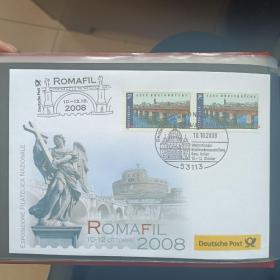 F1813外国信封 08年罗马国际邮展纪念封 贴德国2008年欧元票 与瑞士联发邮票 莱茵河上的桥梁 1全 双联