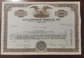 [老股票 美国 antique stock]  Tech-aerofoam Products, Inc. 科技泡沫产品有限公司股票， 带发行授权人签名 包老保真 单枚。 每一枚都带唯一编号。 雕刻版印钞技术。 图片仅供参考， 实际编号以发货为准