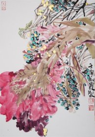中美协会员隋淑霞四尺三开精品彩墨大写意鸡冠花国画作品花鸟国画作品精美卡纸