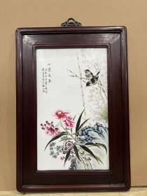 花梨木珠山八友＂程意亭＂山雀鸣春 瓷板画