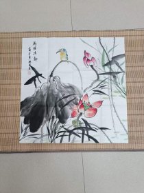 国画大师祖良手绘国画荷花小鸟68*68厘米