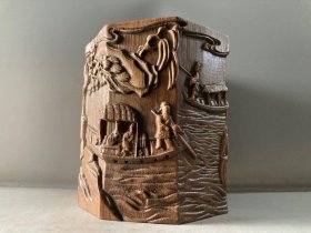 竹雕笔筒（高15.直径14厘米）