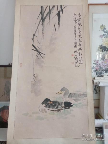 周彬国画精品“芦花双鸭图”，田华（江城子题款），立轴原装裱，包快递发货。