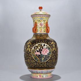 清乾隆祭蓝釉描金镂空四季花卉纹转心瓶63*30厘米