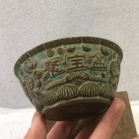 纯铜老包浆聚宝盆古玩收藏特价尺寸如图五福临门