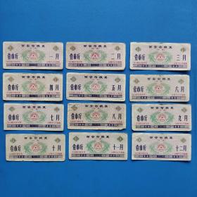 1973年西安市粮票（付食），壹市斤。从1月到12月，共12枚。