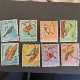 S304阿尔巴尼亚1964年鸟类鸣禽 外国邮票 盖销 8全 背贴 个别软痕，如图