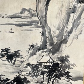 日本近代南画家天草神来作品，水墨山水图，1913年作，绫本绫裱，木质轴头带木盒，画心134*41.7。盒142