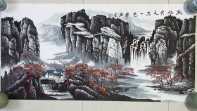 山水画，秋水共长天一色，写意画法，皴法点染，纯手绘，假一赔万，都是本人精心收藏的，河北省美协窦惠琳老师亲笔纯手绘的原创大作，实际画的比照片拍出来要漂亮的多，笔法苍劲有力，浓淡干湿焦，行云流水，流水生财，整个构图非常漂亮。尺寸1.38米×70公分，四尺整张的，家里客厅，卧沙发背景墙，书房，茶室，办公室都可悬挂，非常大气，闭眼入。