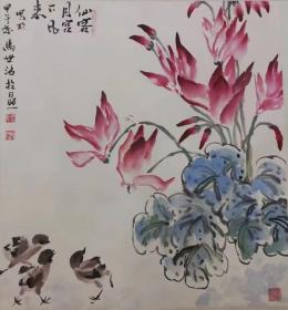 马世治，1935年出生于山东省莒县，幼年随母亲学画，先后拜宋式云、王小古门下专攻花鸟。日照市政协原副主席，日照市美术家协会原主席，现为中国美协会员，山东省文史馆馆员，山东美协理事，山东画院高级画师，日照书画院名誉院长。尺寸68:68