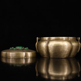 珍藏清代老纯铜纯手工打造青铜镶嵌宝石雕刻花纹碳炉 暖手炉 重574克 高9厘米 宽12.5厘米