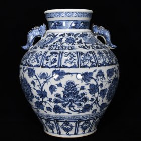 元代青花缠枝牡丹纹兽头罐