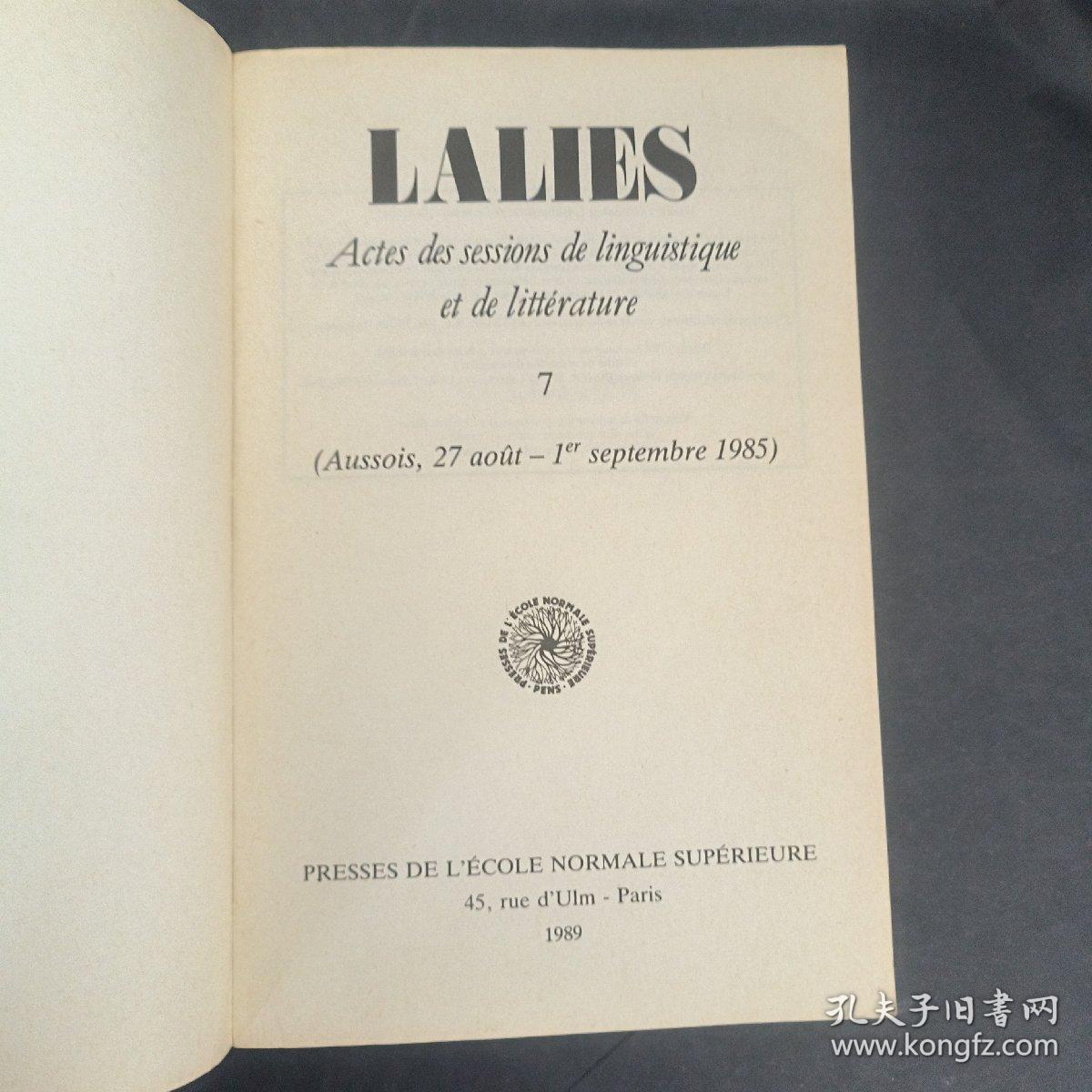 Lalies. Actes des sessions de linguistique et de littérature. 7 (Aussois, 26-31 août 1985)