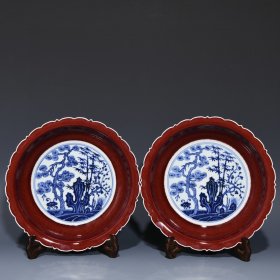 明永乐祭红釉青花松竹梅纹花口盘，高4.8cm直径22cm