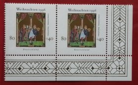德国邮票 1996年 圣诞附捐 三博士 2-1 双联全新 是西方节庆中的人物。由于波斯原文（Magus）乃占星术士（法师）之义，他们可能是古波斯祭司。据马太记载，YS出生三位博士在东方看见伯利恒方向的天空上有一颗大星，于是便跟着它来到了YS的出生地。因为他们带来黄金乳香没药，所以称为“东方三博士”