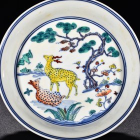 瓷器 明成化斗彩福夀延年松鹿图盘 高3.3厘米 宽16.5厘米