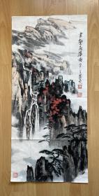 《云壑飞瀑》条幅。安徽名家洪国文先生2016年精品【传统功底深、45*97厘米、软片。手机拍照、实物更佳】