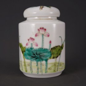 粉彩荷花桂盖罐 规格 7*10cm