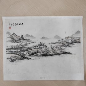 近代著名书画家，篆刻家俞云先生山水小品《杏花春雨》托片，40/29厘米，保真
