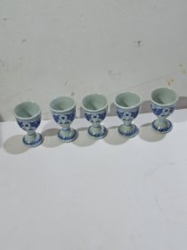 老青花双龙戏珠高足杯5只同拍(直径4.2cm高6cm)乾隆年制寄托款