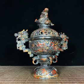 老铜胎泥金高底龙耳龙纽浮雕吉祥八宝熏香炉，高25厘米，宽22厘米，重1759克