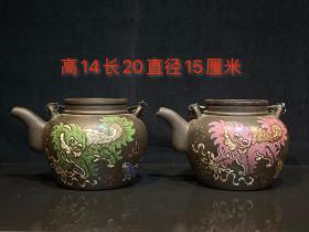 彩绘豫丰提梁壶，一流包浆，画工精美，保存完整，尺寸见图1，两个通走的价