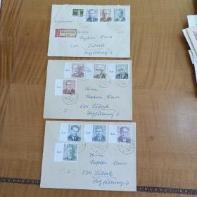七十年代东德著名人物邮票实寄封3枚，贴3套12枚人物邮票，本店邮品满25元包邮。本店还在孔网新开“韶州邮客”，欢迎移步观看。