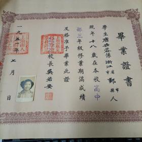 1951年 上海私立民立女子中学 毕业证书 大张贴照片 钢印