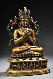 珍品旧藏收纯铜全铜高浮雕錾刻彩绘描金五方佛弥勒佛佛像一尊 工艺精湛 造像精美 重1500克 高26厘米 宽15厘米 255536
