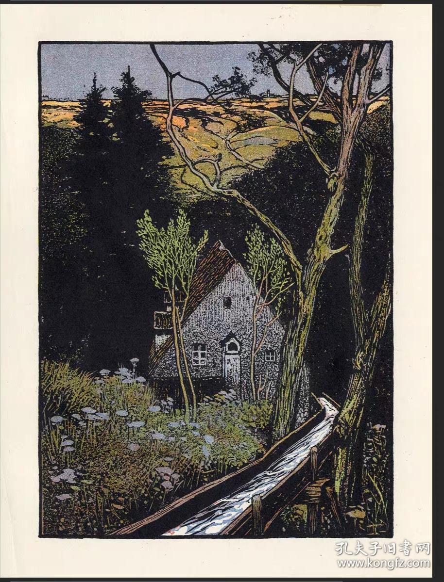 1925年德国木版套色石印版画 小屋