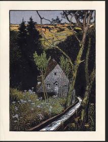 1925年德国木版套色石印版画 小屋