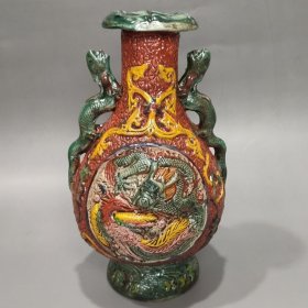 瓷器老货大清乾隆年制红釉雕刻龙凤纹花瓶摆件古董古玩收藏