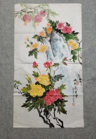 旧国画软片 花鸟画 晚秋花更华 原稿手绘真迹  软片尺寸98*54厘米