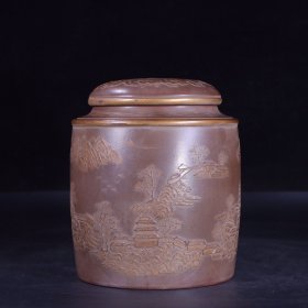 旧藏 老紫砂泥绘山水风景描金茶叶罐 尺寸：直径15cm高19cm