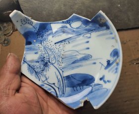 清代康熙青花山水人物瓷片标本瓷器盘子收藏古陶瓷